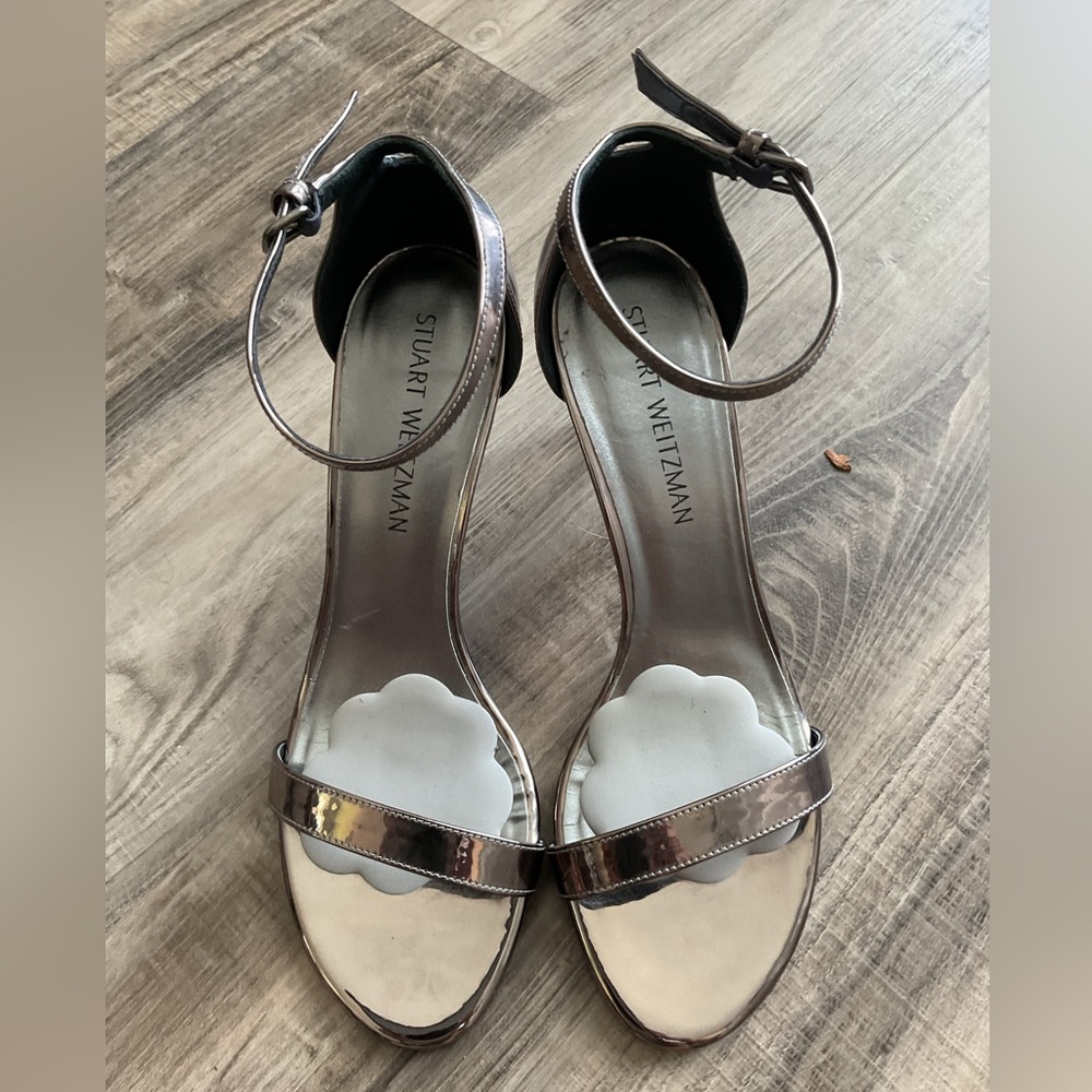 Stuart Weitzman Nudistsong Pewter Silver Ankle Strap Heels size. 9